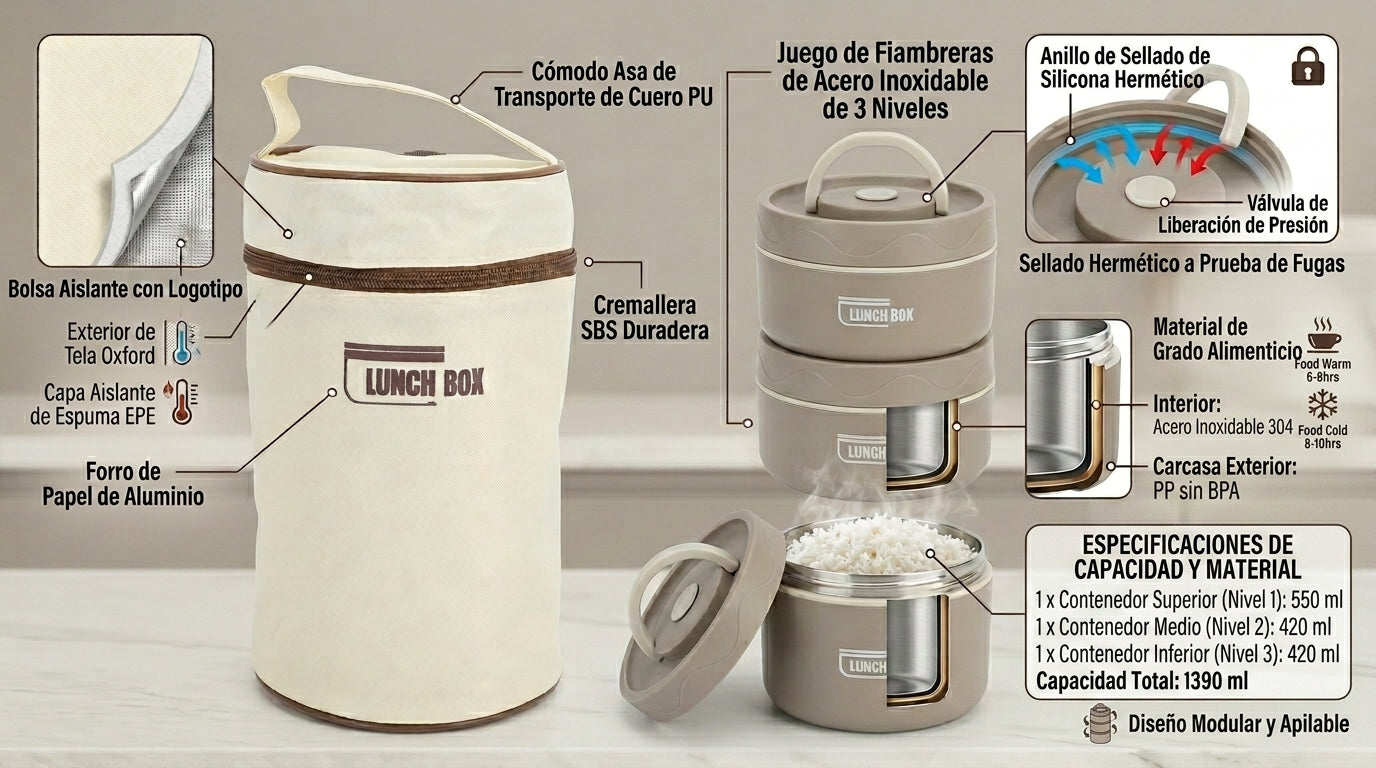 PACK DE LONCHERAS TÉRMICAS HERMÉTICAS (3 PIEZAS + BOLSA TÉRMICA)